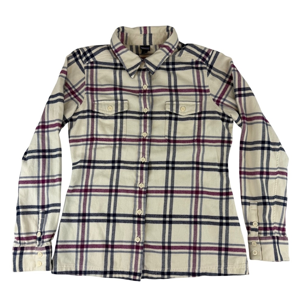 Patagonia Flannel Shirt Womens 8 Cream Plaid Organic Cotton Button Down 53915